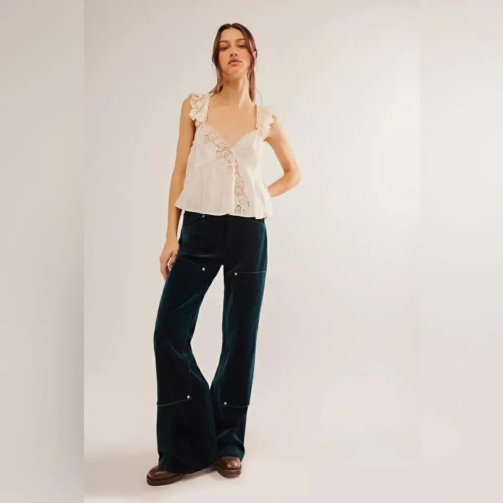 NWT FREE PEOPLE RE/DONE VELVET Workwear Wide Leg Jeans in SPRUCE GREEN 26